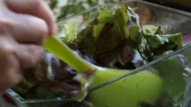 Sebze salatasıyla spatulayı karıştırıyorum. 