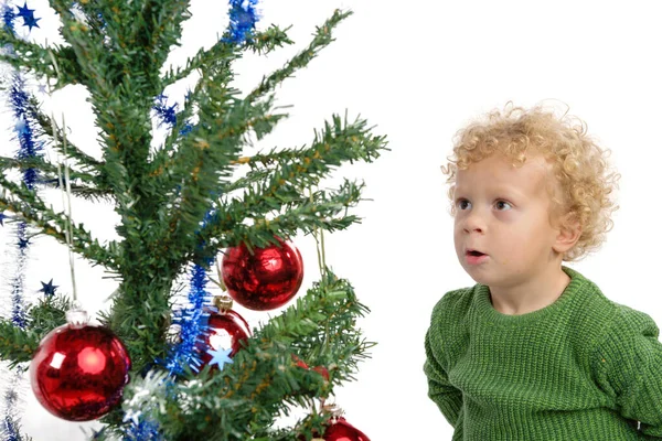 Young Boy Christmas Tree White Background — Stock Photo, Image