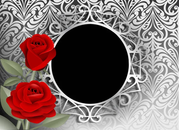 silver frame decoration with red roses illustration on silver vintage background