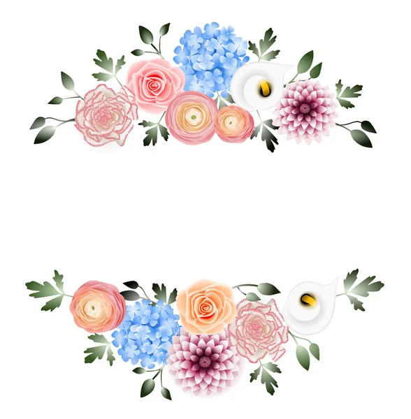 Blumenrahmendekoration Mit Blauen Hortensien Rosa Rosen Rosa Dahlie Pfirsichfarbenem Hahnenfuß — Stockfoto