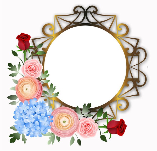 golden round frame decoration with peachy ranunculus, blue hydrangea, pinkand red roses