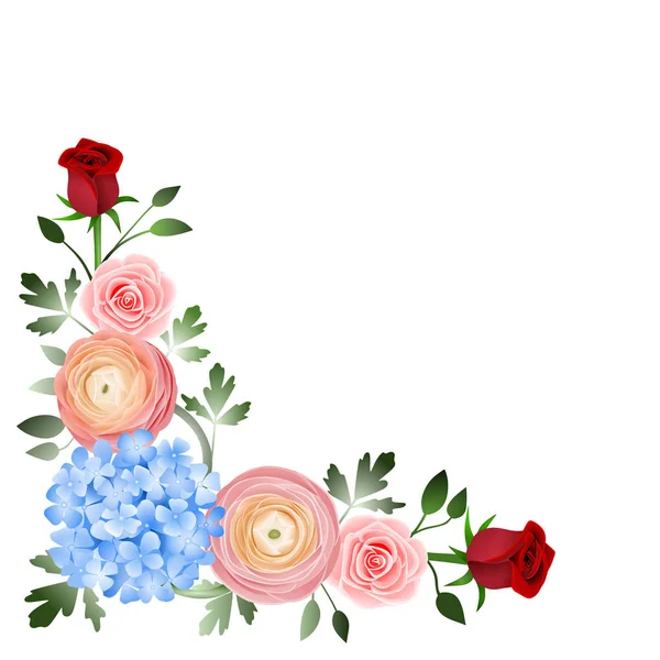 floral decoration corner with blue hydrangea, red roses, pink roses and peachy ranunculus