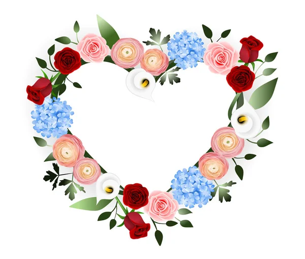 Blumenschmuck Mit Roten Rosen Pfirsichfarbenem Hahnenfuß Blauen Hortensien Weißen Callas — Stockfoto