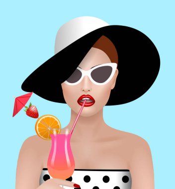 bir kokteyl illüstrasyon içme güneş gözlüğü ve şapka ile kadın