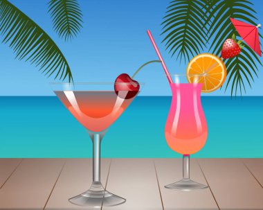 Tropic Beach Illustration iki kokteyl ile yaz arka plan