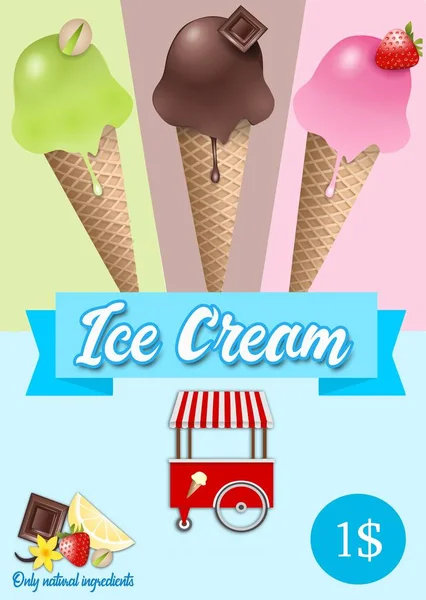 Винтажный Постер Фисташковым Шоколадным Клубничным Мороженым — стоковое фото