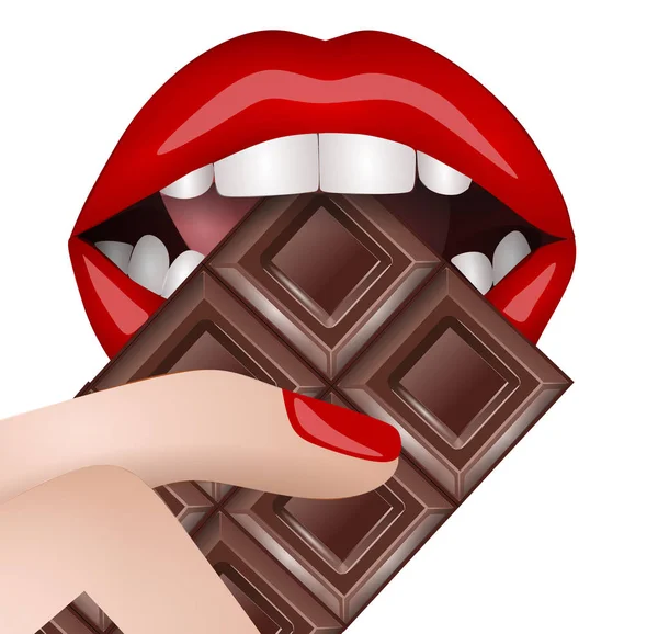 Kadın Kırmızı Dudaklar Bir Çikolata Isırmak — Stok fotoğraf