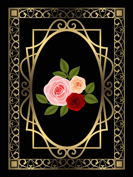 Black Background Golden Frame Roses — Stock Photo, Image