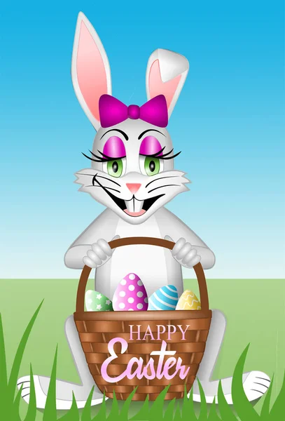 funny female easter rabbit wit colorful eggs in the basket