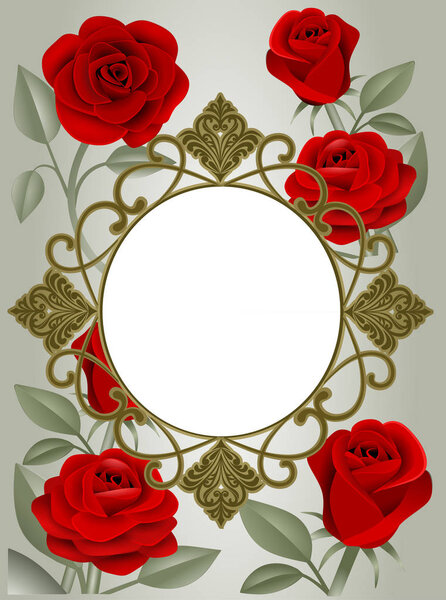 golden round frame and red roses background 