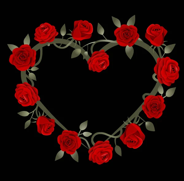 Rote Rosen Herz Dekoration Rahmen Auf Schwarzem Hintergrund — Stockvektor