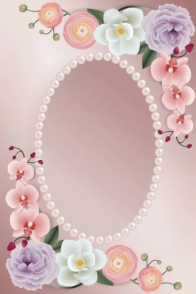 invitation card with flowers and pink pearls oval decorative frame