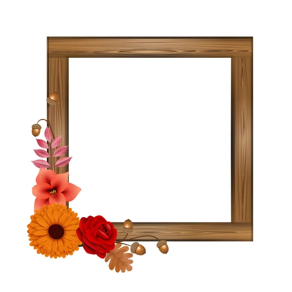 花と葉の秋の木製の正方形のフレーム — ストックベクタ