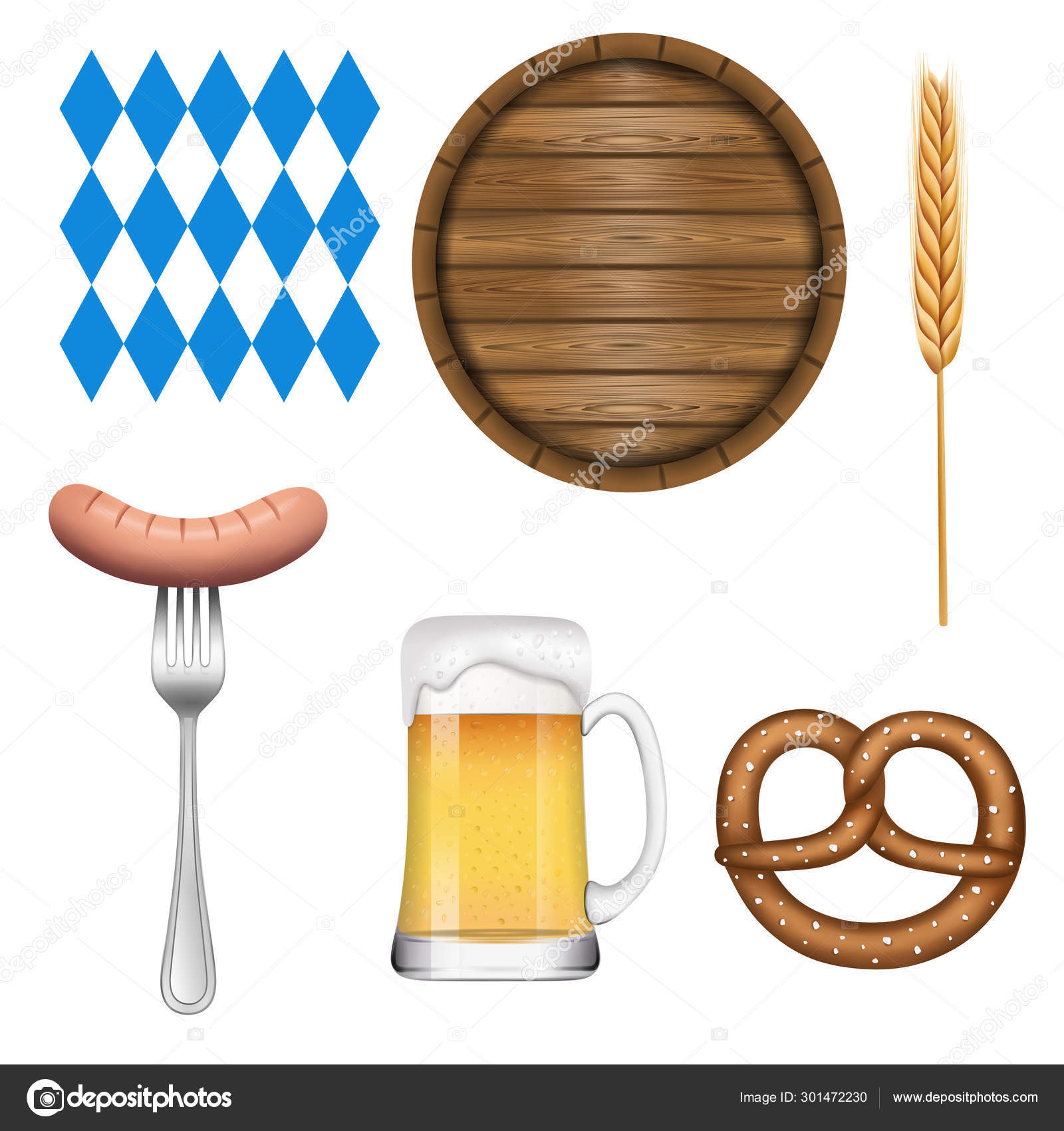 Set Oktoberfest Elements Beer Mug Fork Frankfurter Wooden Barrel