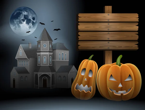 Sfondo Halloween Con Zucche Casa Infestata Luna Piena — Vettoriale Stock