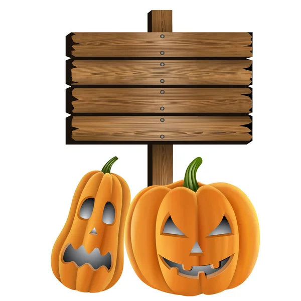 Halloween Segno Legno Con Zucche — Vettoriale Stock