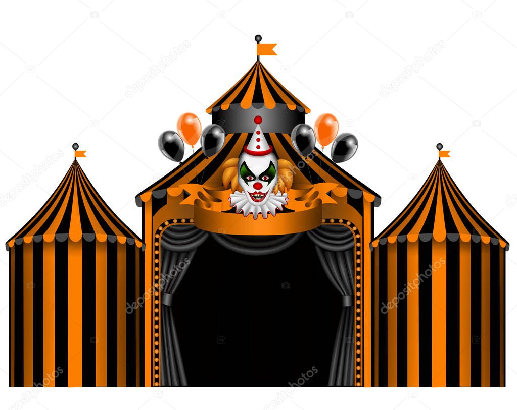 black and orange halloween circus with clown and balloons