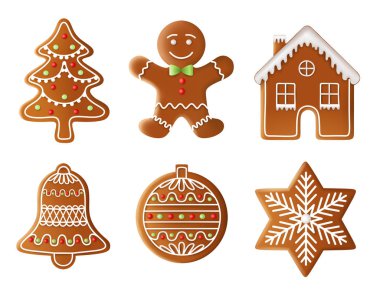 christmas tree, man, house, bell, ball and star gingerbread illustration