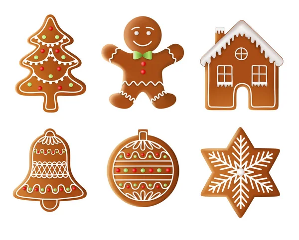 Christmas Tree Man House Bell Ball Star Gingerbread Illustration — Wektor stockowy