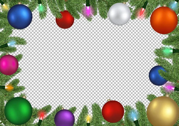 Kerst Frame Achtergrond Met Kleurrijke Ballen Dennen Takken Kleurrijke Lichten — Stockvector