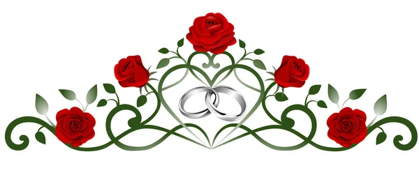 Silver Interwined Wedding Rings Red Roses Decoration — Stock Vector