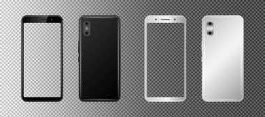 Cep telefonu şeffaf arkaplanda izole edilmiş. Gümüş ve siyah akıllı telefon modeli