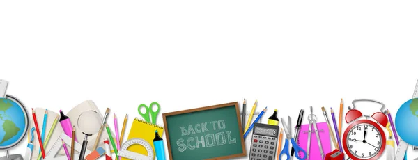 Back School Seamless Banner Realistic School Supplies — Stock Vector