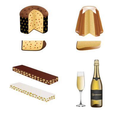 İzole edilmiş İtalyan geleneksel noel pastaları. Panettone, pandoro, torrone ve spumante şişesi.