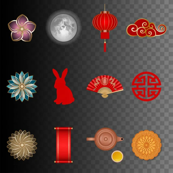 Set Van Midden Herfst Festival Illustraties Geïsoleerde Chinese Traditie Elementen — Stockvector