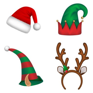 Bir dizi Noel şapkası. Noel Baba şapkası, elf şapkaları ve ren geyiği boynuzları.