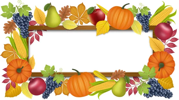 Dřevěný Rám Podzimním Listím Ovocem Rámec Podzimu Díkůvzdání — Stockový vektor