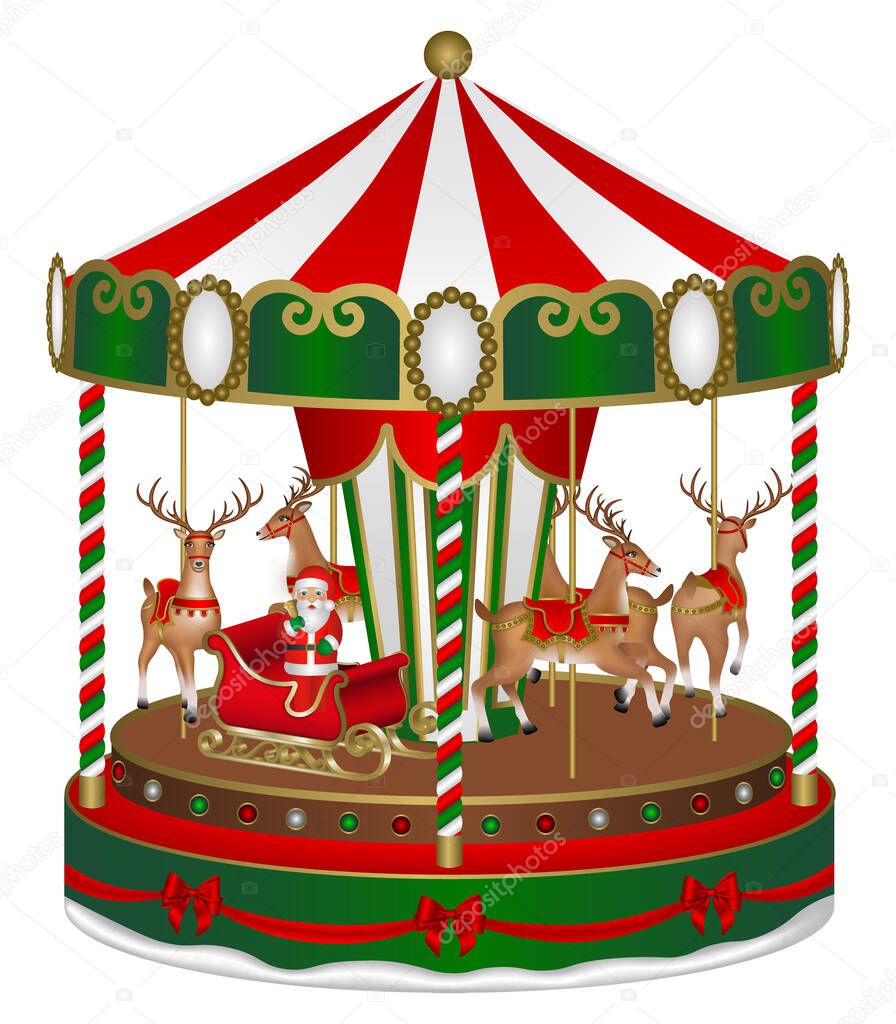  christmas carousel with reindeers and santa claus sleigh