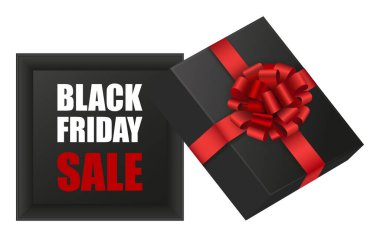 Kırmızı kurdeleli siyah hediye kutusu. Kara Cuma satış vektörü