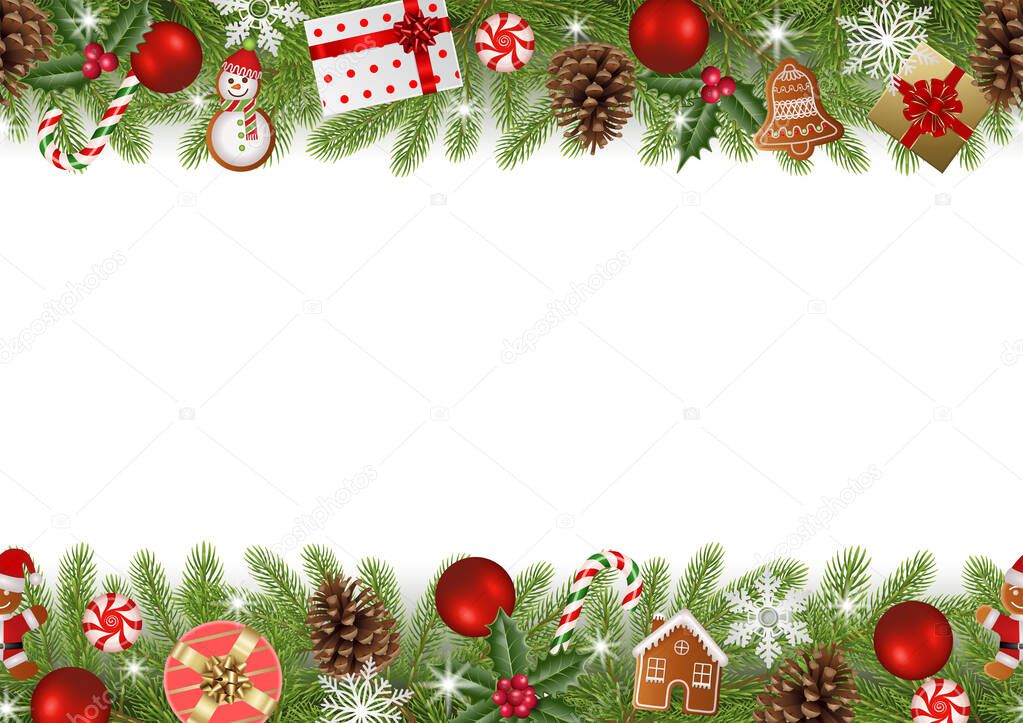 christmas seamless border with pine branches, gingerbreads and decorations