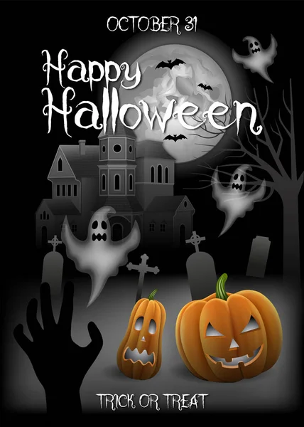 Poster Halloween Con Luna Piena Zucche Fantasmi Casa Infestata Mano — Vettoriale Stock