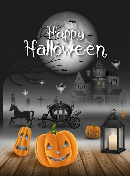 Sfondo Halloween Con Zucche Casa Infestata Carrozza Nera — Vettoriale Stock