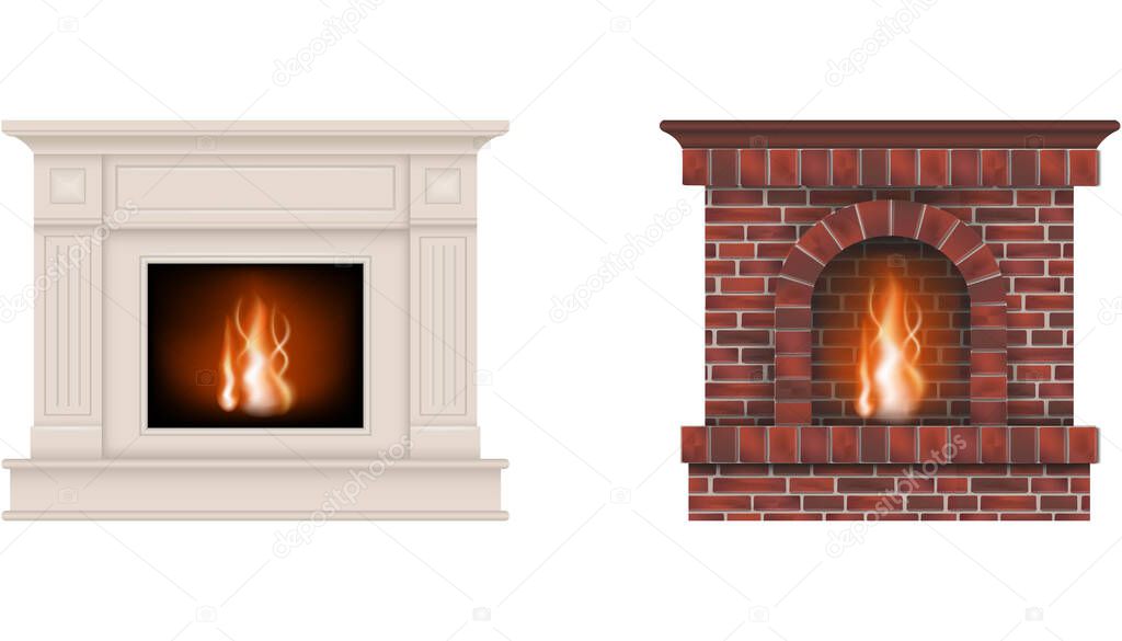 isolated fireplaces. white fireplace and fireplace with red bricks