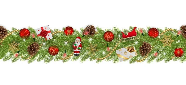 Nahtlose Weihnachtsbanner Mit Tannenzweigen Und Dekorationen — Stockvektor