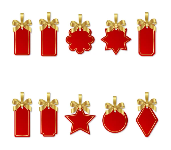 Σετ Από Χριστουγεννιάτικες Κόκκινες Ετικέτες Τιμών Χρυσά Τόξα — Διανυσματικό Αρχείο