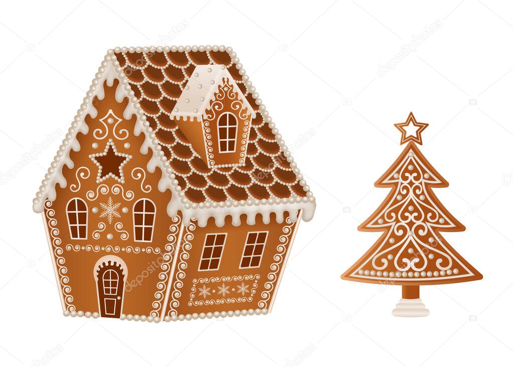 gingerbread house with christmas tree