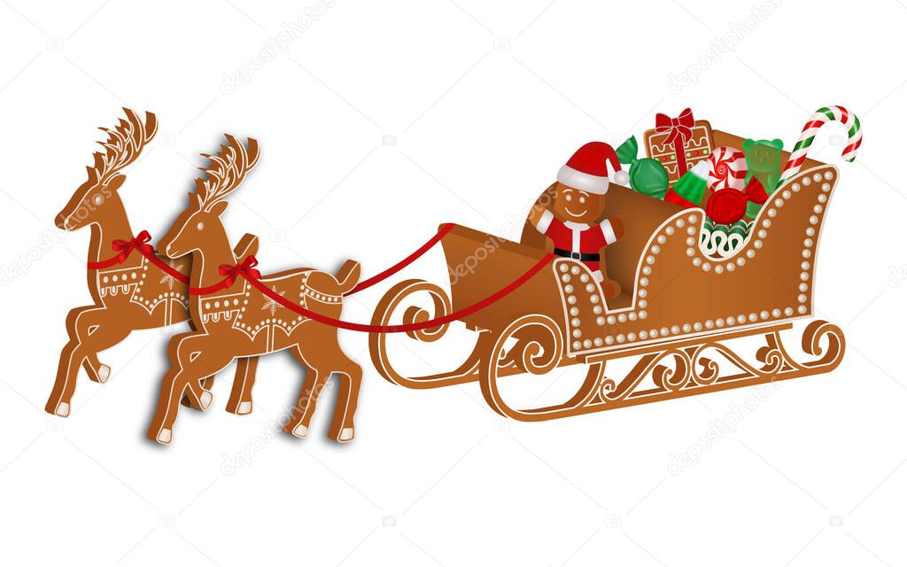 gingerbread sleigh with reindeers, gingerbread man and christmas candies