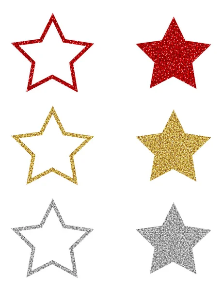 Vereinzelte Rote Goldene Und Silberne Sterne Mit Glitzern — Stockvektor