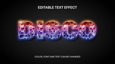 Renkli disko topu düzenlenebilir metin efekti. Renkli ayna topu desenli, düzenlenebilir parlak bir metin. renk, yazı tipi ve metin değiştirilebilir