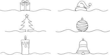 Bir dizi noel karalaması. Devamlı çizim yapan noeller. Hediye kutusu, noel balosu, noel ağacı, noel baba şapkası, mum ve çan.