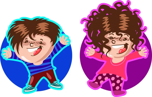 Mutlu çocuklar komik çizgi film vektör çizimi. Bir okul çocuğu ve liseli bir kız havaya atlıyor..