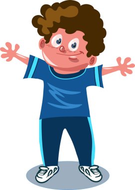 karikatür mutlu çocuk ve gülümseyen, silah neşeli şekil düz stil vektör çizim kaldırdı