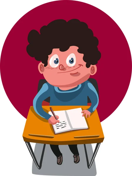 çizgi film çocuk mutlu ve gülümseyerek, masada oturan ve defter şekil düz stil vektör çizim yazma