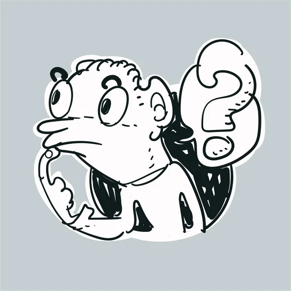 Genç adam konuşma balonunda düşünce ve soru işareti. lineart skeç vignette, çizgi film stili vektör çizimi.