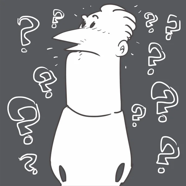 Soru işaretleri olan kararsız bir adam, vektör çizimi. arkaplan ve figür farklı katmanlarda.