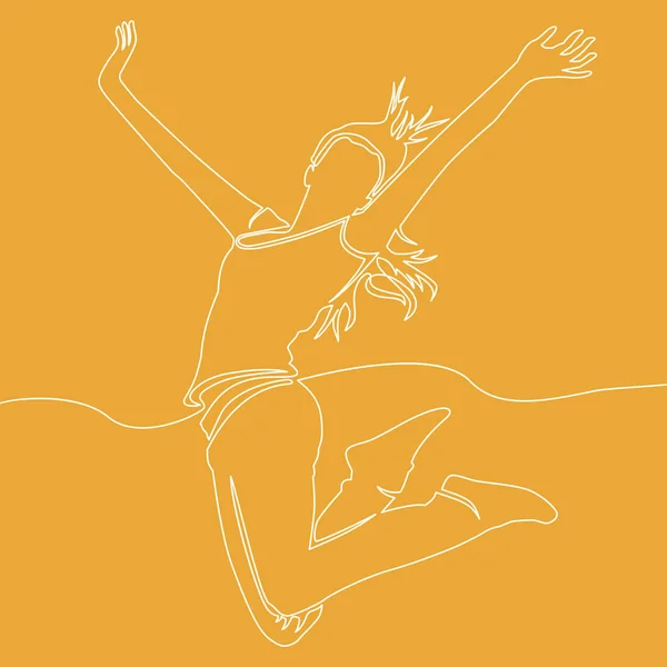 Dessin Continu Femme Sautante Heureuse Illustration Vectorielle Sur Fond Orange — Image vectorielle